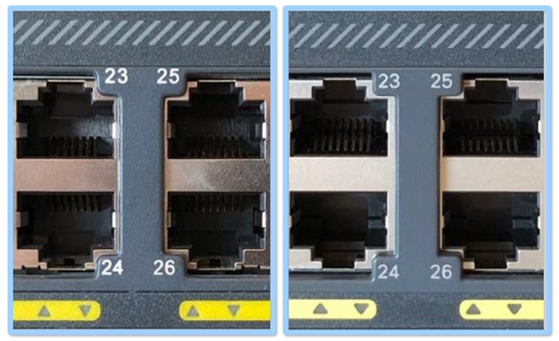 У оригинального коммутатора Cisco надписи сделаны бледно-серым (справа)